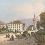 Bex, l'Hôtel de l'Union vers 1860. Gravure par Louis-Julien Jacottet (1806-1880). del. et lith., Blanchoud Edit. à Vevey. Gravure 11cm x 15,9cm