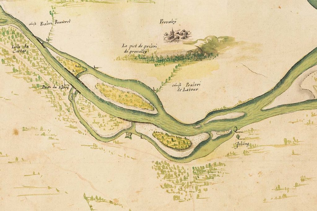 Carte du Rhône de 1634_détail de chenaux anastomosés