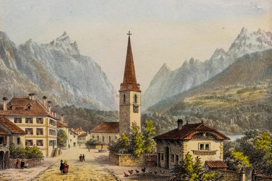 Entrée-du-village-de-Bex-par-Jacques-Émile-Lafon-(1817-1886).-Dimensins-de-l’iconographie,-8.4-x-11.1cm.-dimensions-totales,-22.2-x-24.9cm Entrée du village de Bex par Jacques-Émile Lafon (1817-1886). Dimensions de l'iconographie, 8,4 x 11,1cm. Dimensions totales, 22,2 x 24,9cm