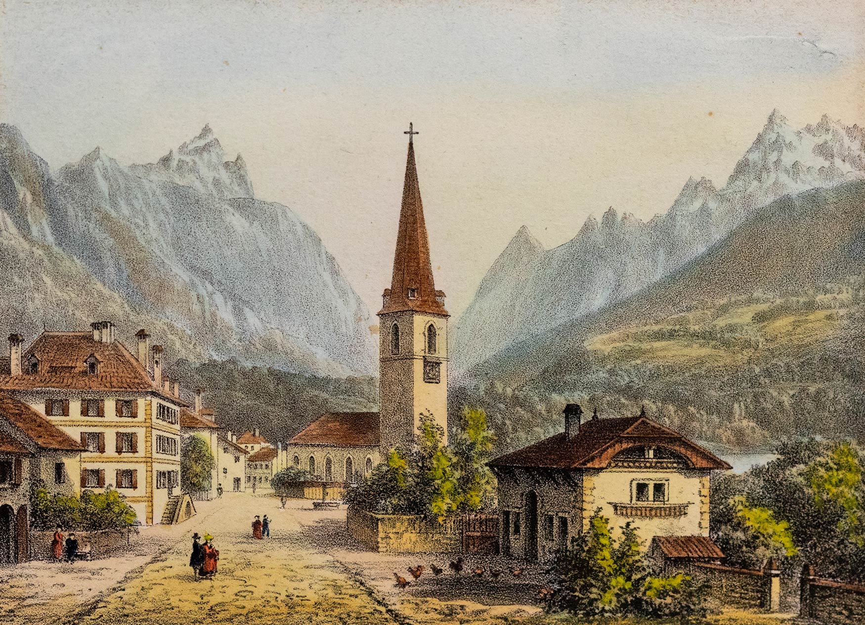 Entrée du village de Bex par Jacques-Émile Lafon (1817-1886). Dimensions de l'iconographie, 8,4 x 11,1cm. Dimensions totales, 22,2 x 24,9cm