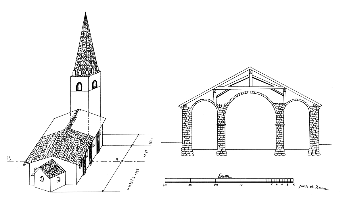 Fig. 2b. Coupe de la nef (copie du plan de 1812, ACV, B 892). À gauche les étapes des transformations de la nef