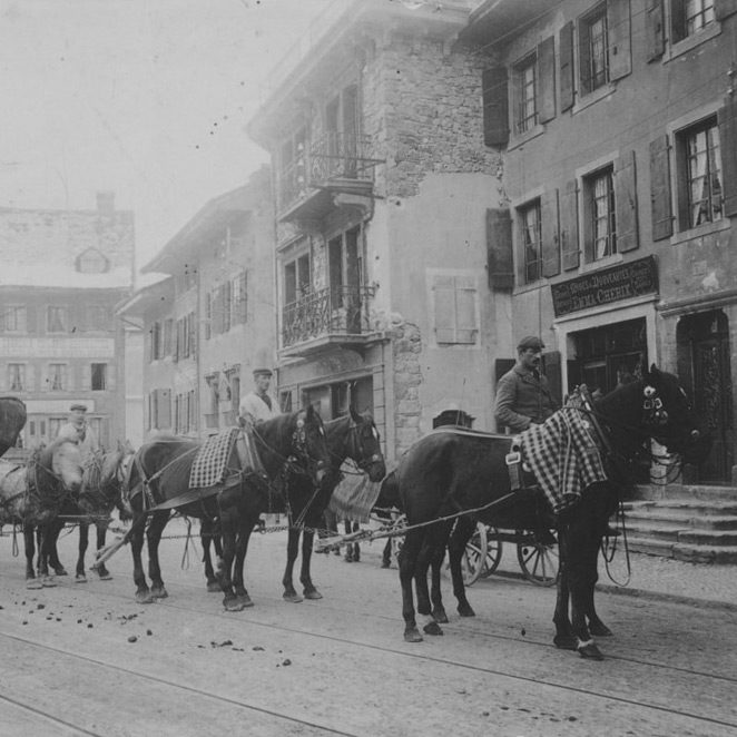 Reproduction photographique du transports d'un tronc de bois à la Place du Marché de Bex