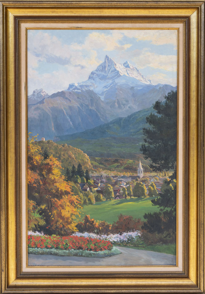 Tableau original aux archives de la Commune de Bex. Vue de Bex et son temple par le peintre Paul Kutscha