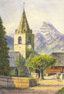Vue sur le clocher et l’horloge de l’église de Gryon