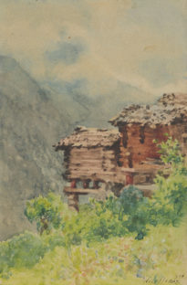 Aimé-Félix Nicollerat (1876-1946). Mazots en valais, 1918. Aquarelle sur papier collé sur carton 210 x 140 mm