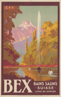 Affiche des CFF. Bex. Bains salins (Suisse). Ligne du Simplon. Pierre Commarmond vers 1930