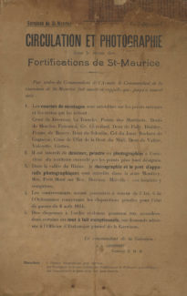 Circulation et photographie dans le rayon des Fortifications de St-Maurice. Affiche de la Garnison de St-Maurice du 3 juin 1915