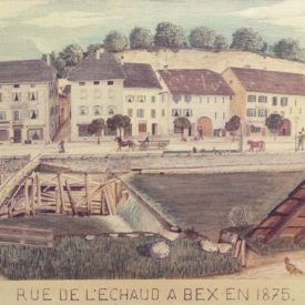 Reproduction couleur d'une gravure de la rue de l'Échaud à Bex en 1875