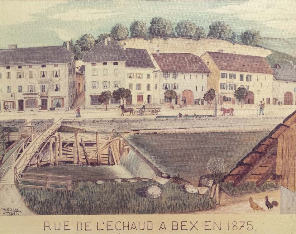 Reproduction couleur d'une gravure de la rue de l'Échaud à Bex en 1875