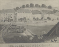 Reproduction d'une gravure de la rue de l'Échaud à Bex en 1875