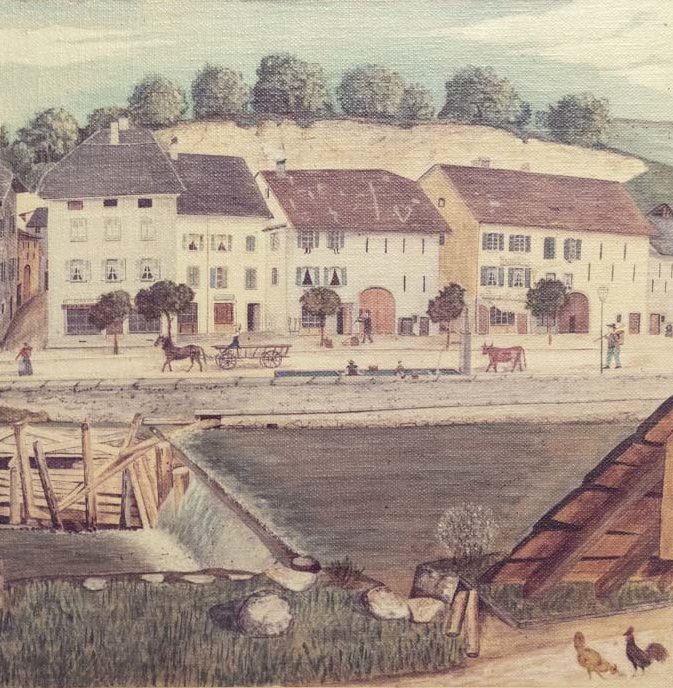Reproduction couleur d'une gravure de la rue de l'Échaud à Bex en 1875