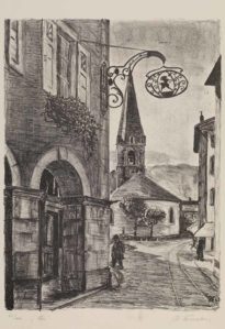 Rue de la Gare et le temple protestant de Bex
