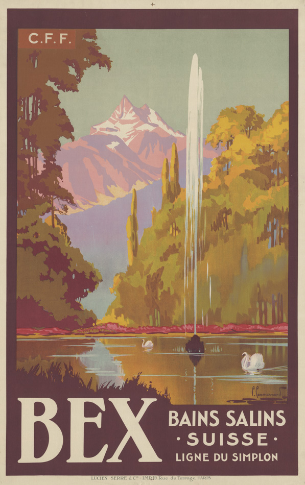 Affiche des CFF. Bex. Bains salins (Suisse). Ligne du Simplon. Pierre Commarmond vers 1930