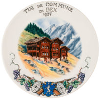 Assiette du tir de Commune de Bex (1937). Vieux chalets à Blatten (Lötschenthal). D'après Nicollerat. Centenaire des Cordons Bleu et Rose et Bleu