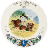 Assiette du tir de Commune de Bex (1937). Chapelle d'Eisten, le fond glacier de la Lötschenlücke. D'après Nicollerat. Centenaire des Cordons Bleu et Rose et Bleu