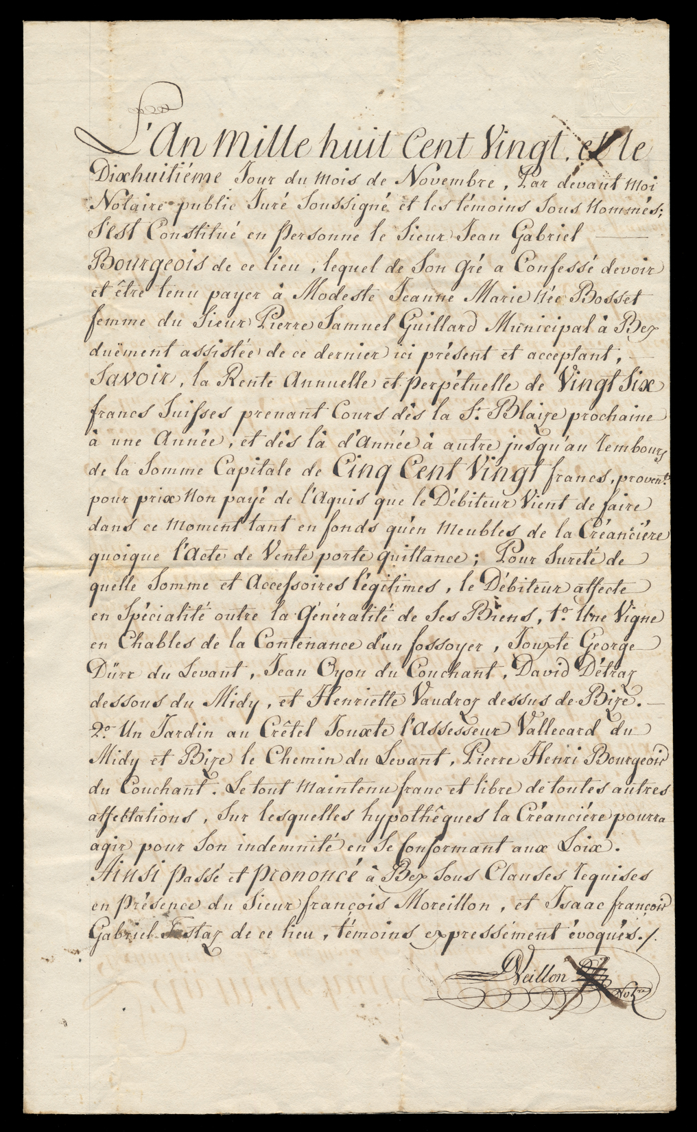 Lettre de rente du 18 novembre 1820. Page 1