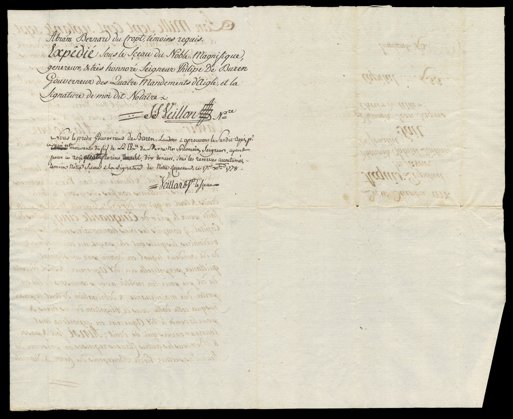 Papier du 11 décembre 1777. Acquis perpétuel en faveur d'honnête Gabriel Paillard de Fenallet, fait d'honnête Jean Jaques Cherix de l'Allex. Pages intérieures