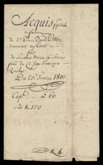 Acquis perpétuel en faveur de Pierre David Pittier demeurant aux Parts fait de Susanne Marie sa soeur femme de Jean François Ruchet. Du 25 février 1800