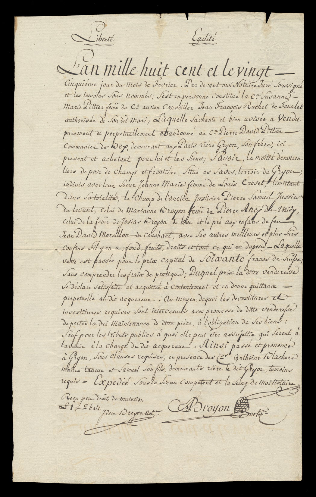 Acquis perpétuel en faveur de Pierre David Pittier demeurant aux Parts fait de Susanne Marie sa soeur femme de Jean François Ruchet. Du 25 février 1800