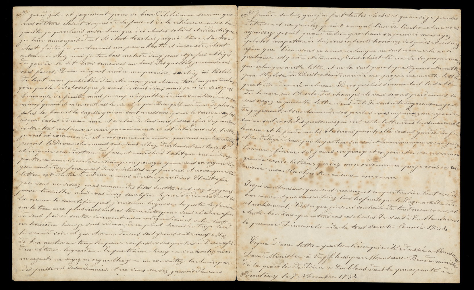 Copie d'une lettre particulière qui a été adressée à Monsieur David, Minsitre à Vufflens par Monsieur Bendu, ministre de la parole de Dieu a Emblans dans la principauté de Porentruy, le 7 Novembre 1734. Pages 6 et 7