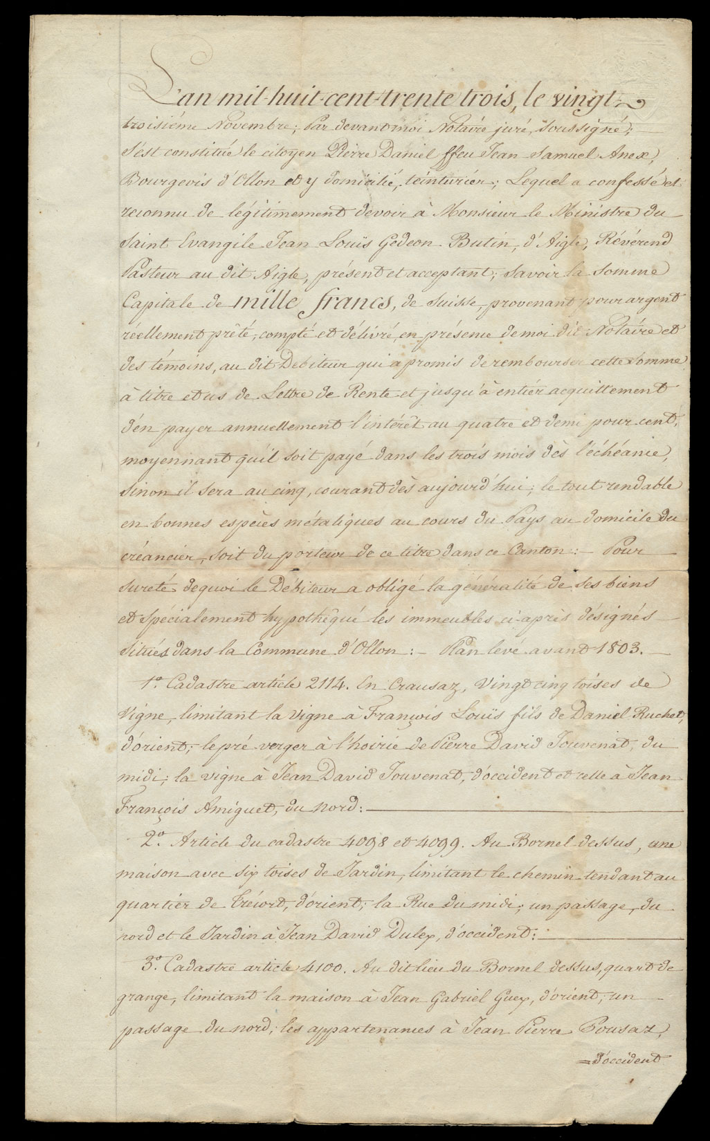 Lettre de rente en faveur de Monsieur le Ministre du Saint Evangile Jean Louis Gedeon Butin, d'Aigle. Page 1