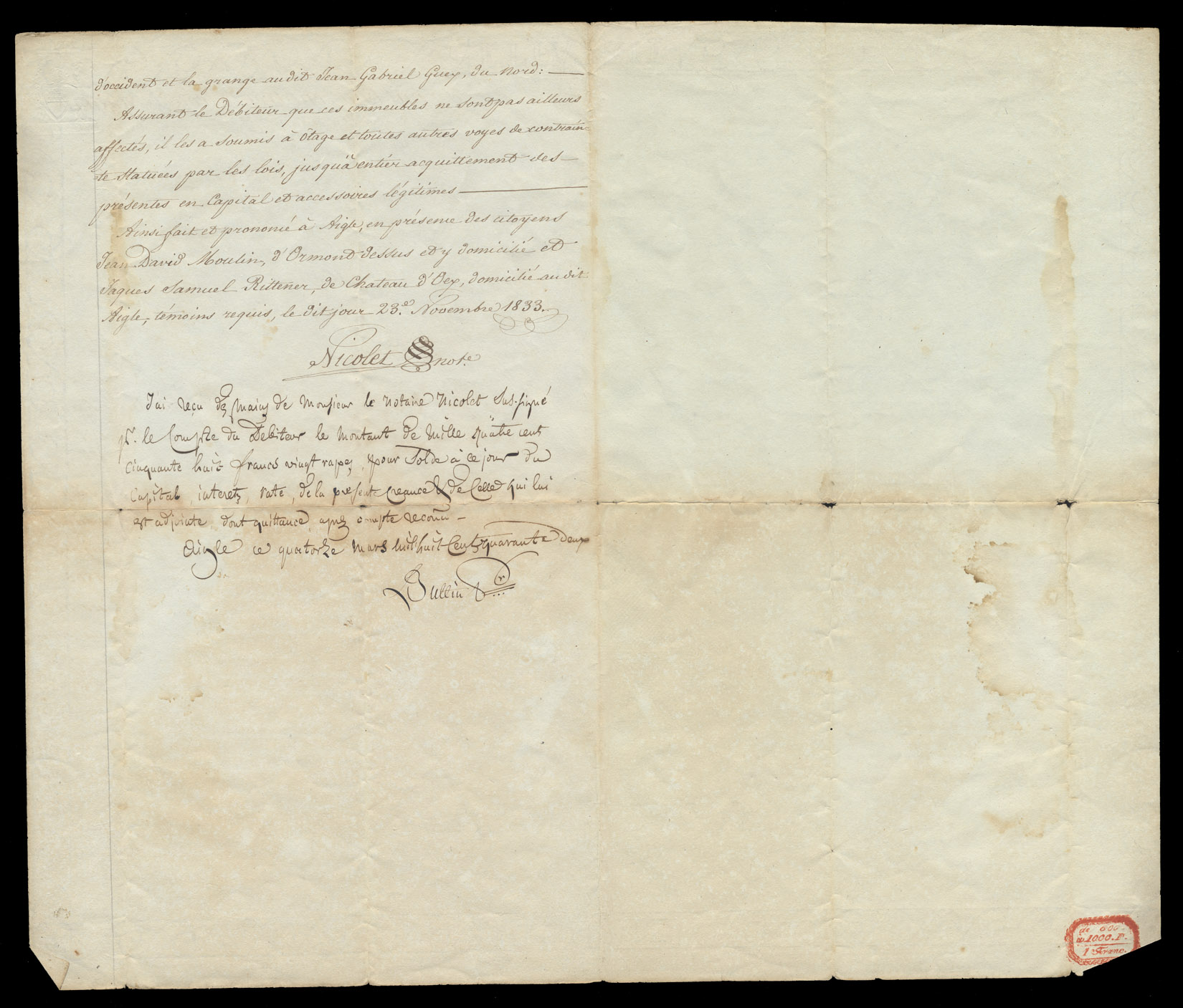 Lettre de rente en faveur de Monsieur le Ministre du Saint Evangile Jean Louis Gedeon Butin, d'Aigle. Pages intérieures