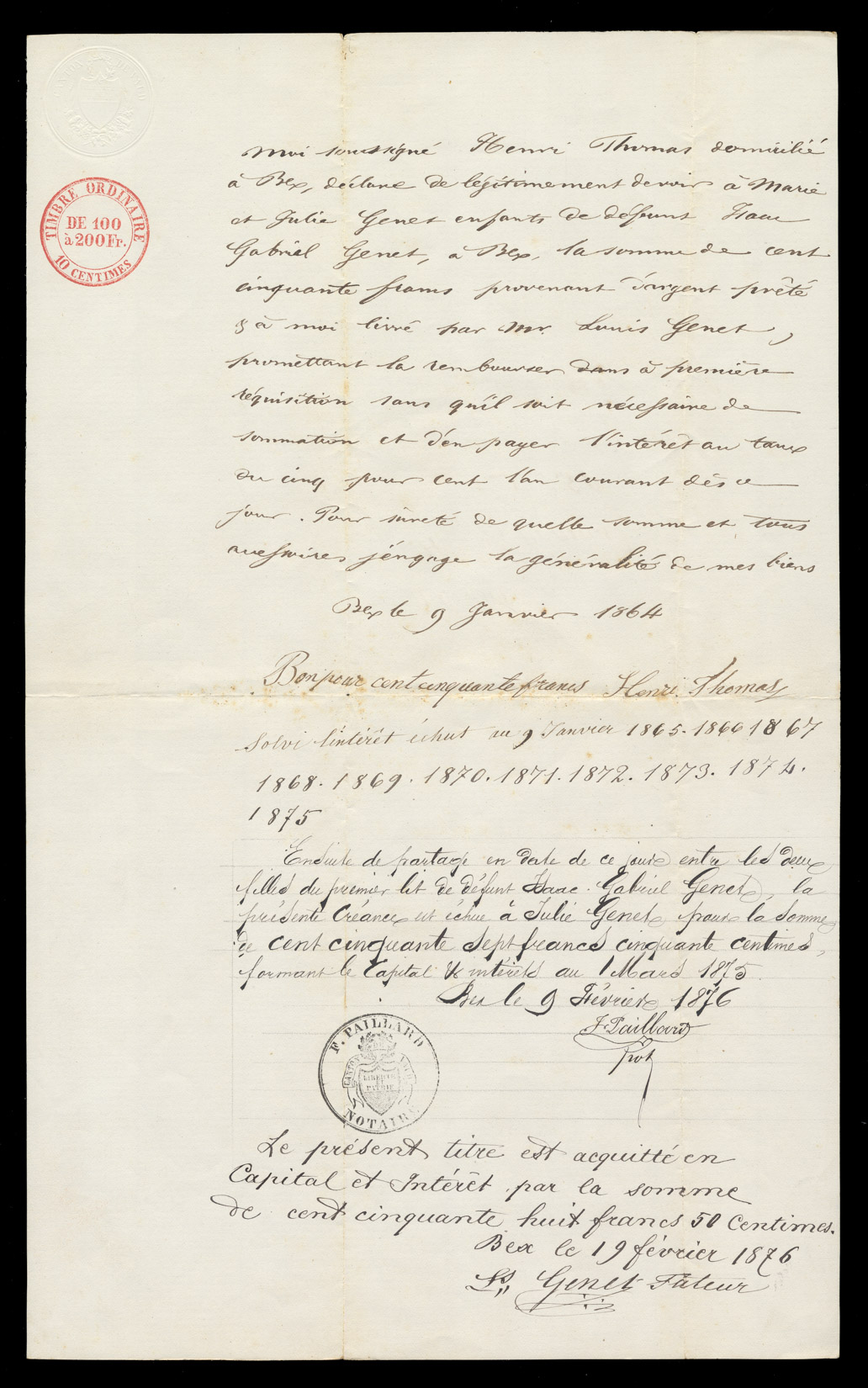 Cédule d'Henri Thomas, du 9 janvier 1864. Page intérieure