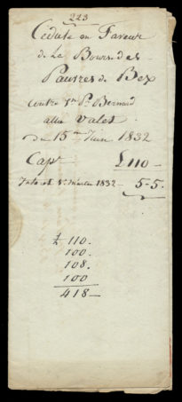 Cédule de frs 110 en faveur de la Bourse des Pauvres de Bex contre Jean Pierre Bernard allié Valet. Du 15 juin 1832. Couverture