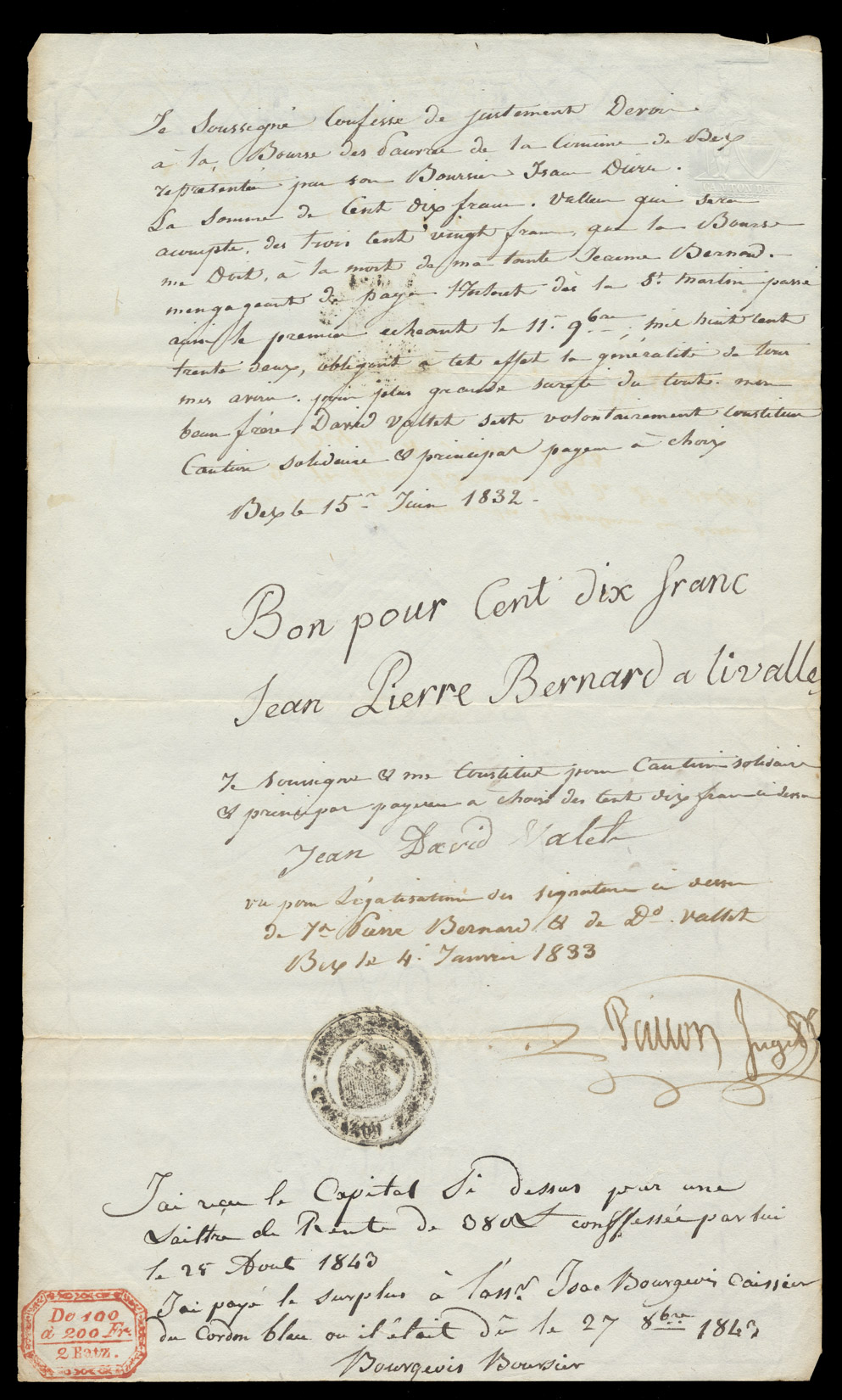 Cédule de frs 110 en faveur de la Bourse des Pauvres de Bex contre Jean Pierre Bernard allié Valet. Du 15 juin 1832. Page intérieure