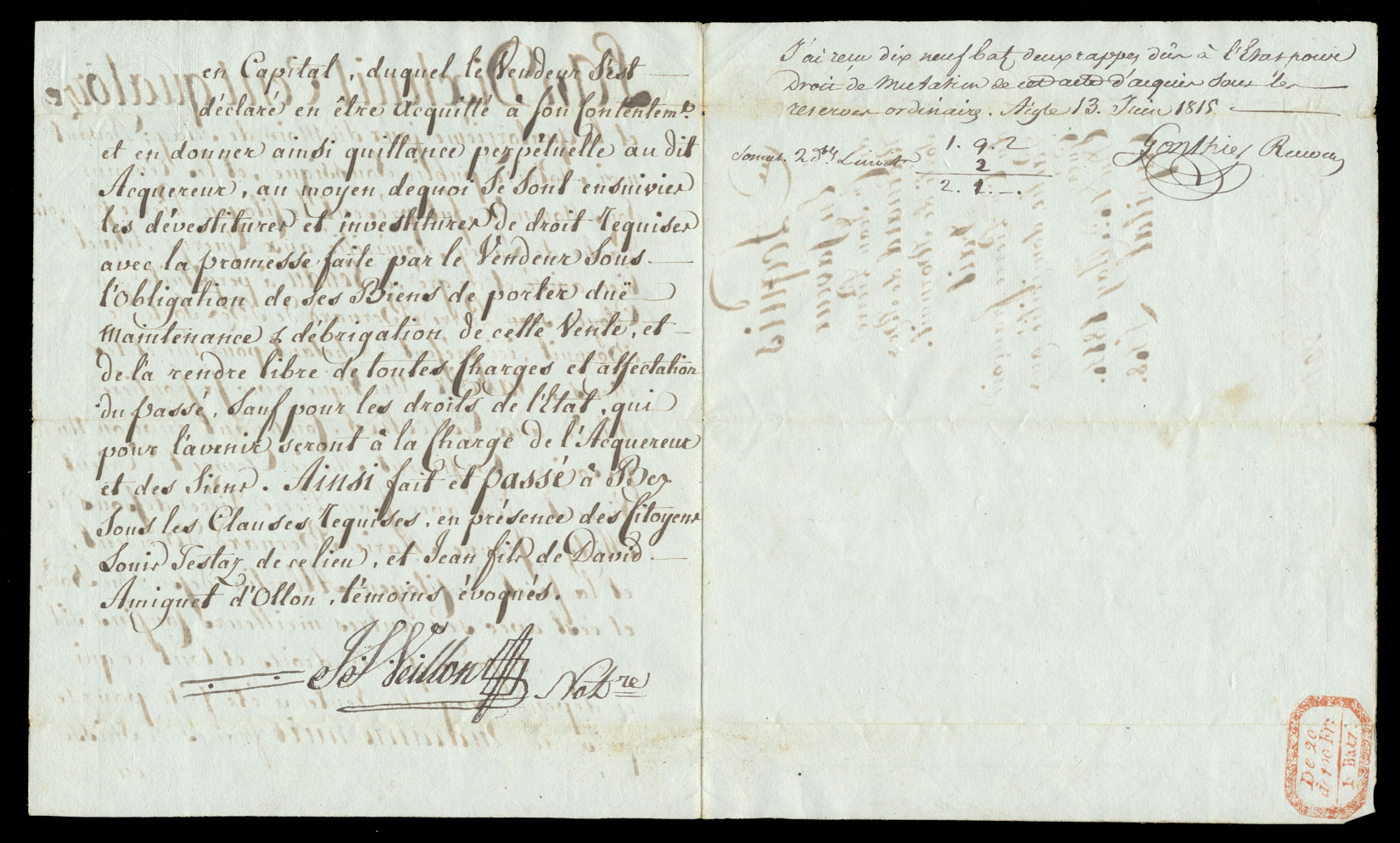 Acquis en faveur de Jean Pierre Bernard de Bex, sorti de Bornuit fait par Pierre François Pache domicilié aux Guéry. Du 11 Mai 1811. Capital frs 48. Pages intérieures