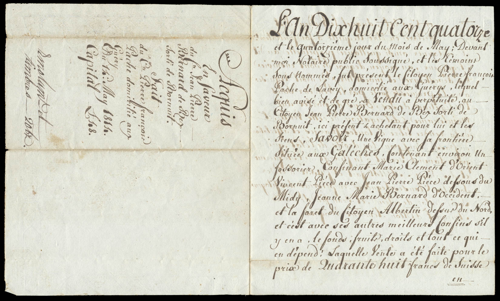 Acquis en faveur de Jean Pierre Bernard de Bex, sorti de Bornuit fait par Pierre François Pache domicilié aux Guéry. Du 14 Mai 1811. Capital frs 48. Couverture