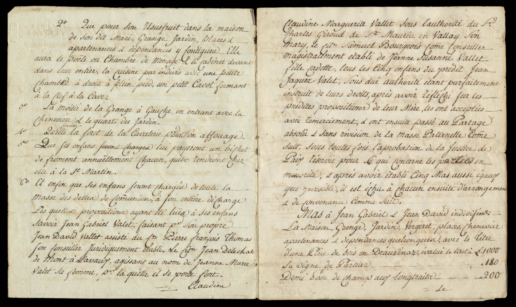 Papier d'un partage absolu entre les enfants de feu Jean Jaques Valet de l'Echaux de Bex daté du 11 janvier 1815. Pages 2 et 3