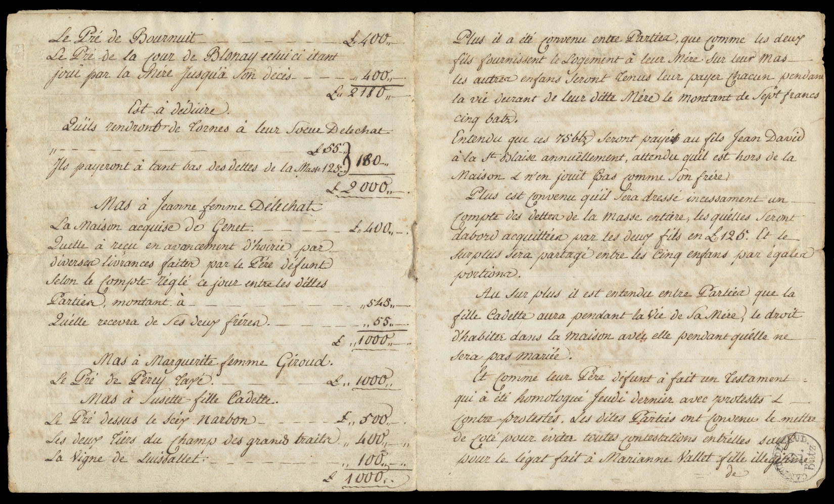Papier d'un partage absolu entre les enfants de feu Jean Jaques Valet de l'Echaux de Bex daté du 11 janvier 1815. Pages 4 et 5