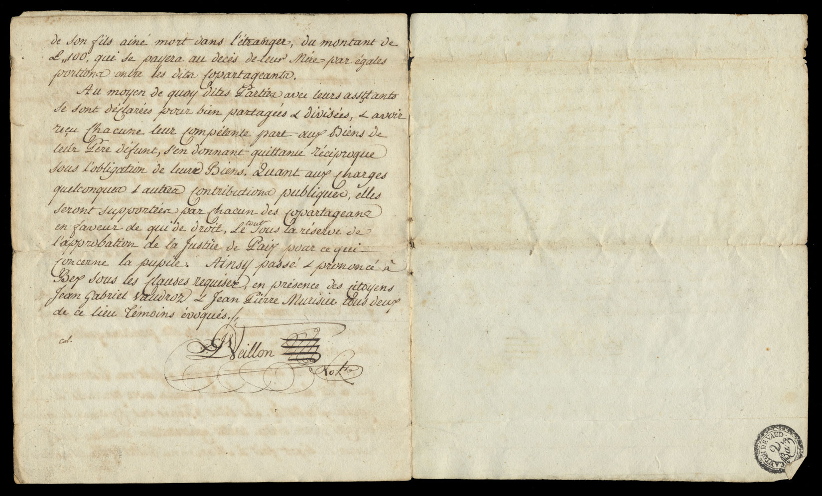 Papier d'un partage absolu entre les enfants de feu Jean Jaques Valet de l'Echaux de Bex daté du 11 janvier 1815. Pages 6 et 7