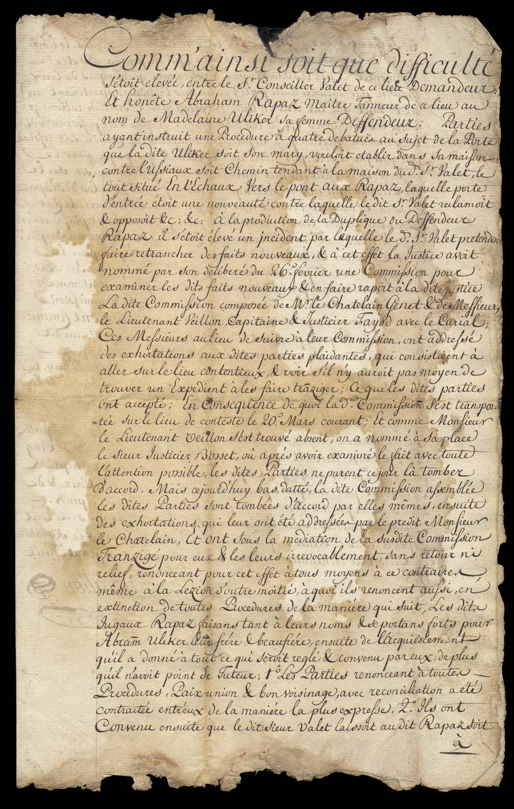 Transaction et prononciation passée entre le conseiller Valet et Maître Abraham Rapaz, Tanneur du lieu, aux noms de sa femme et de son beaufrère. Du 31 mars 1778