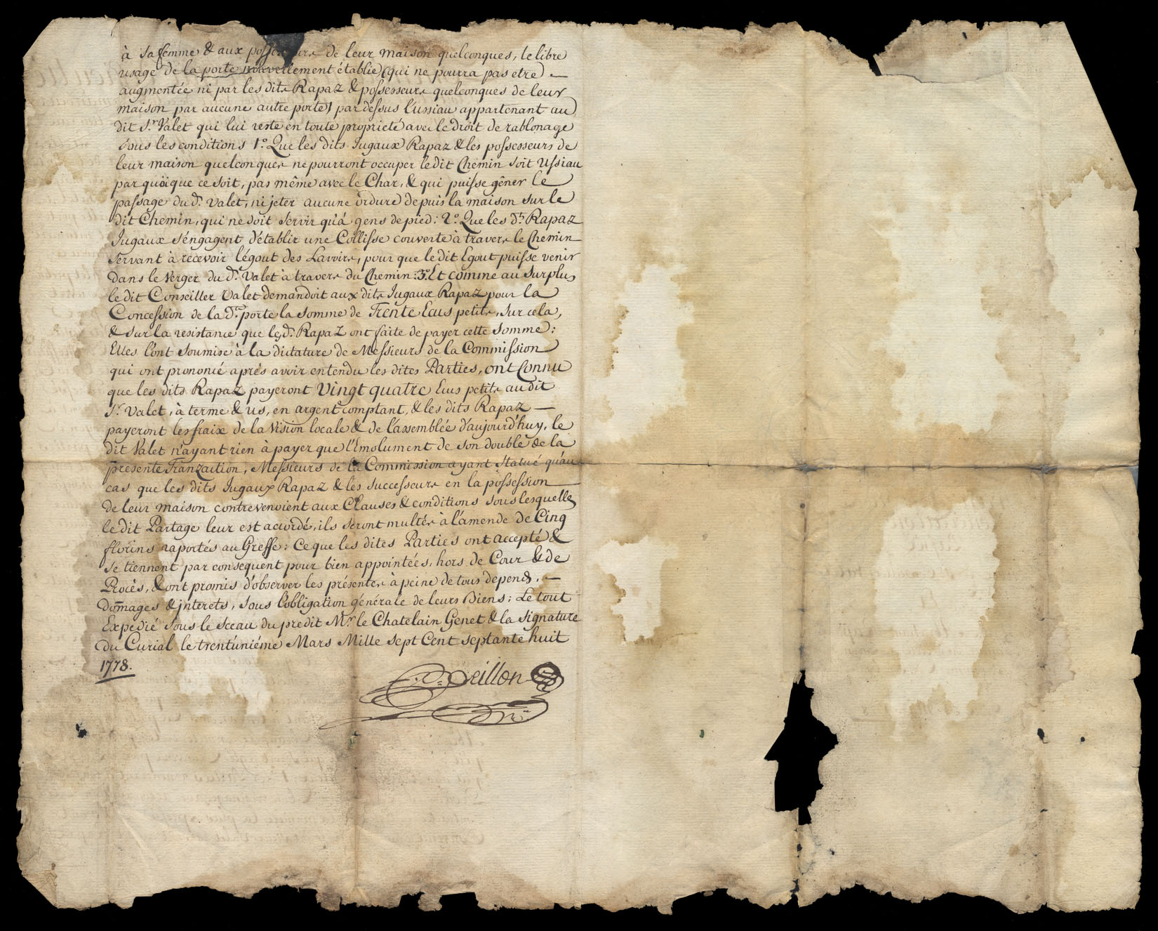 Transaction et prononciation passée entre le conseiller Valet et Maître Abraham Rapaz, Tanneur du lieu, aux noms de sa femme et de son beaufrère. Du 31 mars 1778