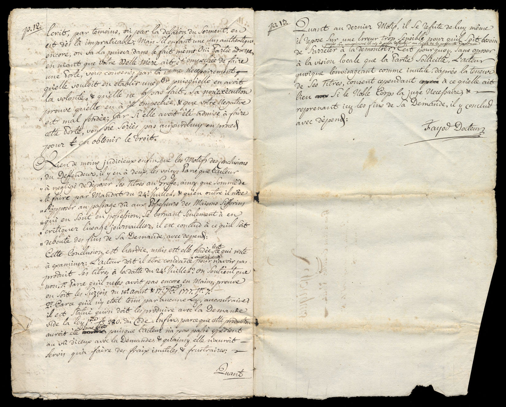 Reppliques pour le sieur Conseiller Valet contre le Tanneur Abraham Rapaz. Produite en Justice le 8 janvier 1778. Page 12 et 13